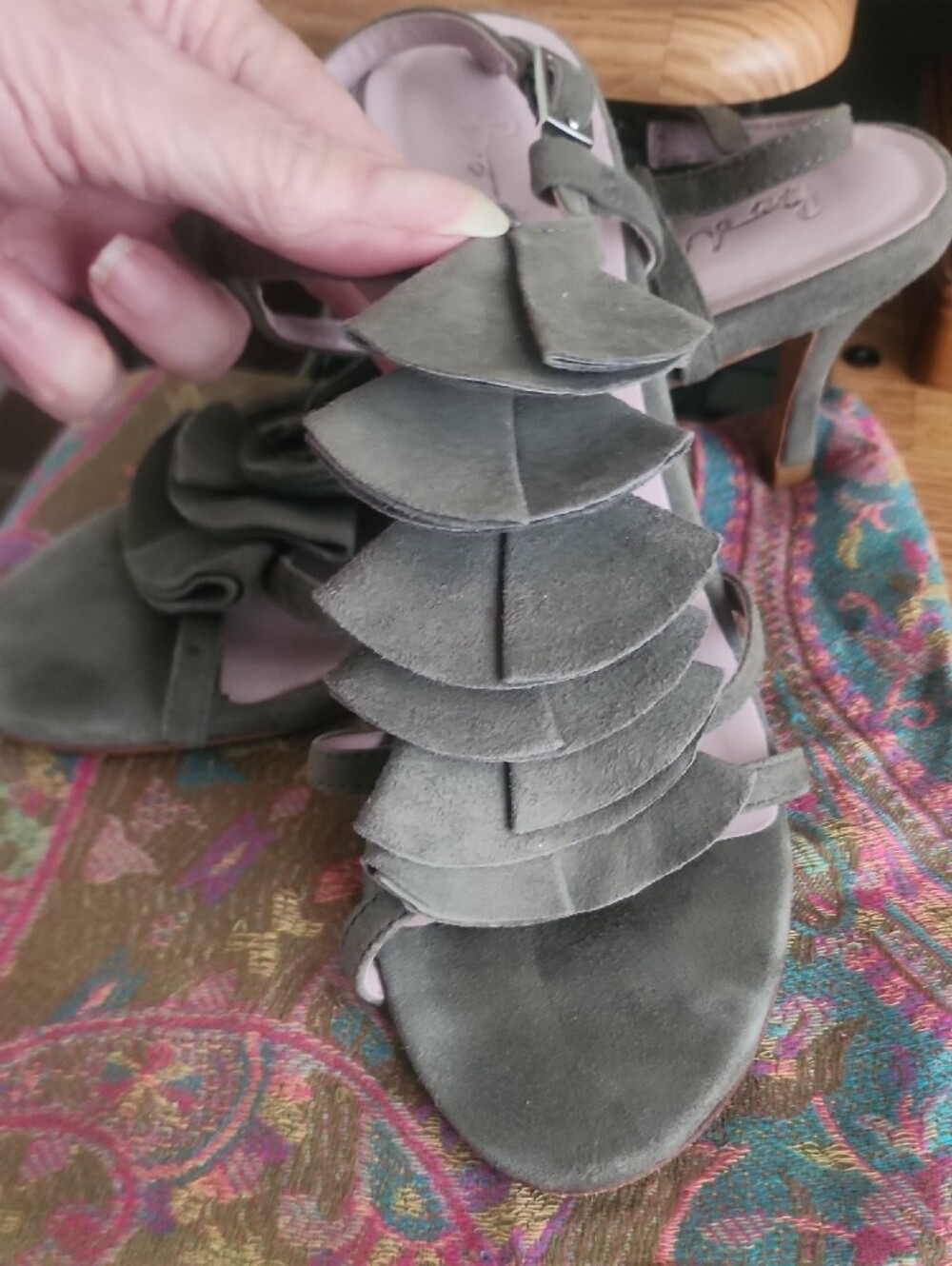 Boden Gray Ruffle Strap Heels - Picture 2 of 9